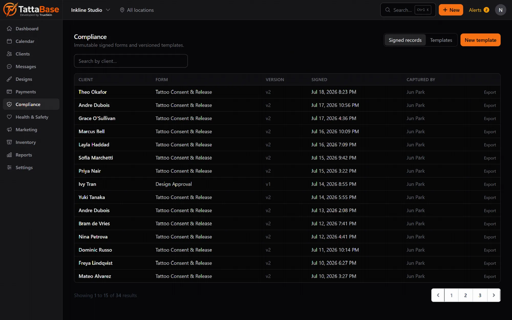 The compliance center: immutable signed consent records with form version, signing time and who captured them