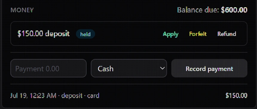 Deposit lifecycle on an appointment: $150 held, apply, forfeit or refund