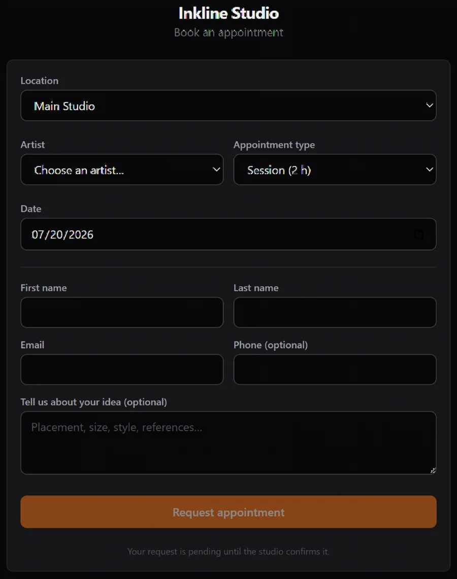 The public booking page for the demo studio: pick a location, artist, appointment type and date, then request the appointment